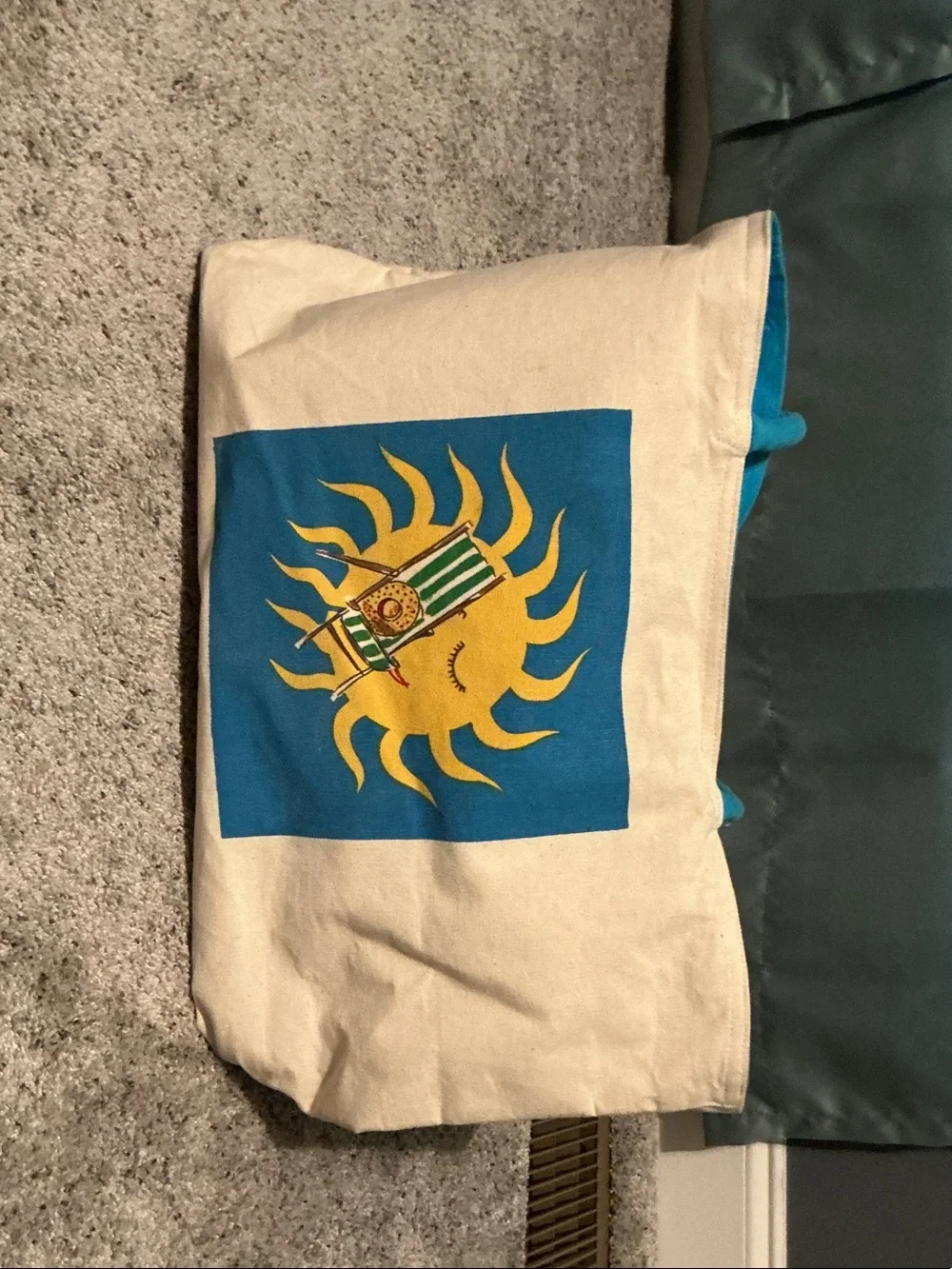Canvas Tote Bag with Sunny Graphic - Beige and Blue